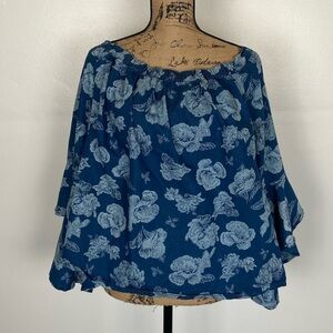 Taxi Chambray Denim Top Plus Size 2X Floral Flare Sleeve Cold‎ Shoulder Blue